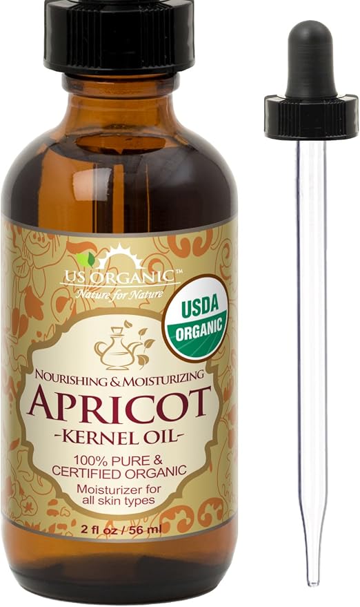 US Organic Apricot Kernel Oil, USDA Certified Organic,100% Pure & Natural, Cold Pressed Virgin, Unrefined in Amber Glass Bottle w/Glass Eyedropper for Easy Application (2 oz (Small))