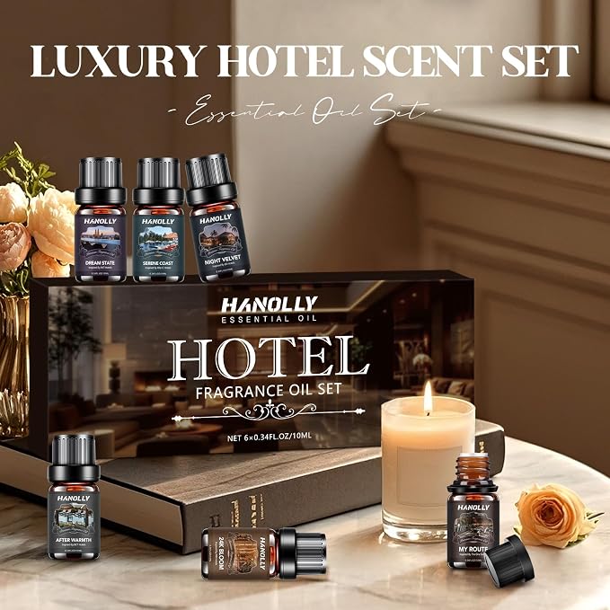 Hotel Diffuser Oils Gift Set - 6x10ML Luxury Hotel Scent Essential Oils Set for Diffuser, Candle Making - My Route, Serene Coast, Night Velvet, 24K Bloom, Dream State, After Warmth Fragrance Oil