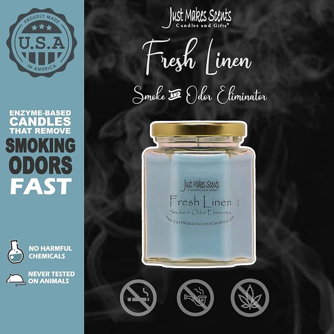 3 Pack - Fresh Linen Scented Smoke and Odor Eliminator Candle - Odor Eliminating Scented Candles for Home - Neutralizes Cigarette, Food, and Pet Smells - Hand Poured in The USA