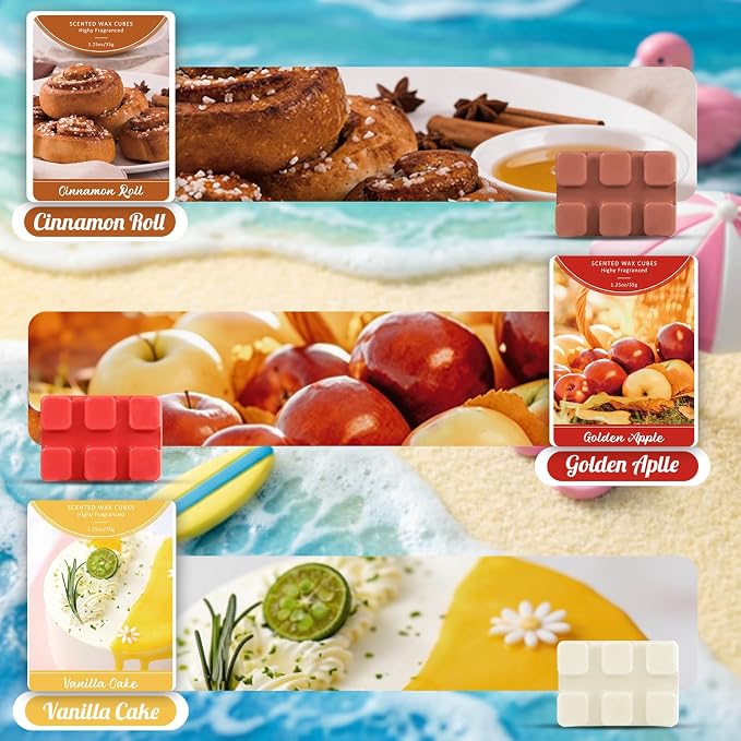 SCENTORINI Wax Melts Summer Scent, Scented Wax Cubes, Soy Candle Wax Tarts for Wax Warmers, Sicilian Lemon, Golden Apple, Vanilla Cake, Cinnamon Roll, Salted Caramel Cream, Marshmallow Dreams