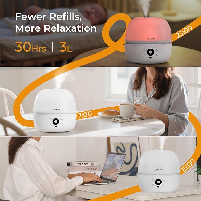 BOXING Top Fill Humidifiers for Bedroom Baby with Easy Remote, 20dB Quiet Cool Mist Air Humidifier for Large Room Home & Indoor Plants, 7 Color Night Light, Essential Oil Tray, Timer, Sleep Mode,3L