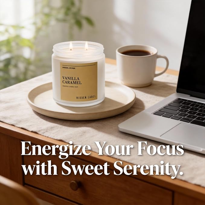 Hidden Label Vanilla Caramel Soy Candle, 12oz 2-Wick, 70H Gourmand Sweet | Non-Toxic Vegan Soy Wax | Vanilla Caramel Bakery Gourmand | Even Melt No Tunneling | Kitchen Living Room Cozy Gift