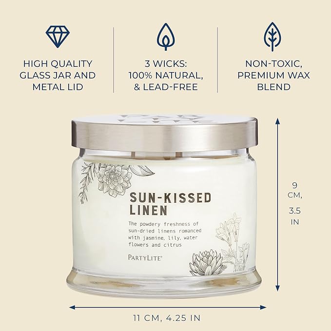 PartyLite Sun-Kissed Linen Scented, Notes of Jasmine Musk, Lily & Citrus, 13.2oz 3-Wick Jar Candle, 45 Hour Burn Time, Luxurious Fragrance, Ideal for Gifting