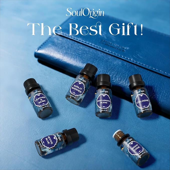 Soulorigin Cologne Fragrance Oils Set, Essential Oil for Diffuser, Men Scent Diffuser Oil, Use for Soap Candle Making, Cologne, Leather&Musk, Revive Blue, Sunlit Wander, Gentleman's Blend, Night Code