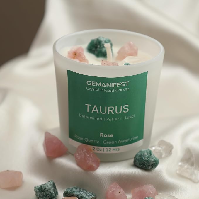 Taurus Zodiac Candle with Bracelet, Rose Scented, Taurus Crystals Birthstone Gifts for Women, Mom, Grandma, Candle Lovers