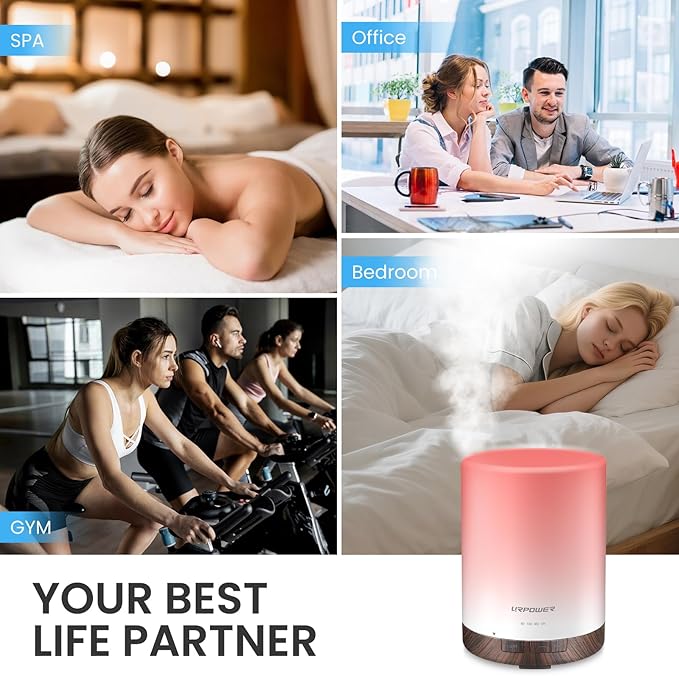 URPOWER 300ml Essential Oil Diffuser Ultrasonic Air Humidifier AUTO Shut Off Aromatherapy Scent Diffuser Night Light 7 Color Changing LED Lights and 4 Timer Settings for Home Office Yoga