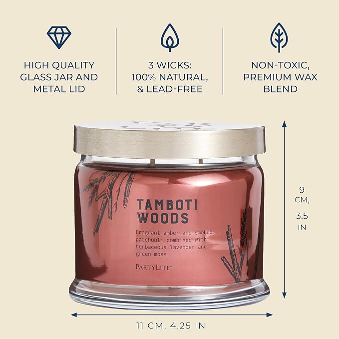 PartyLite Tamboti Woods Scented, Notes of Exotic Amber, Patchouli, Lavender & Green Moss, 13.2oz 3-Wick Jar Candle, 45 Hour Burn Time, Luxurious Fragrance, Perfect for Gifting