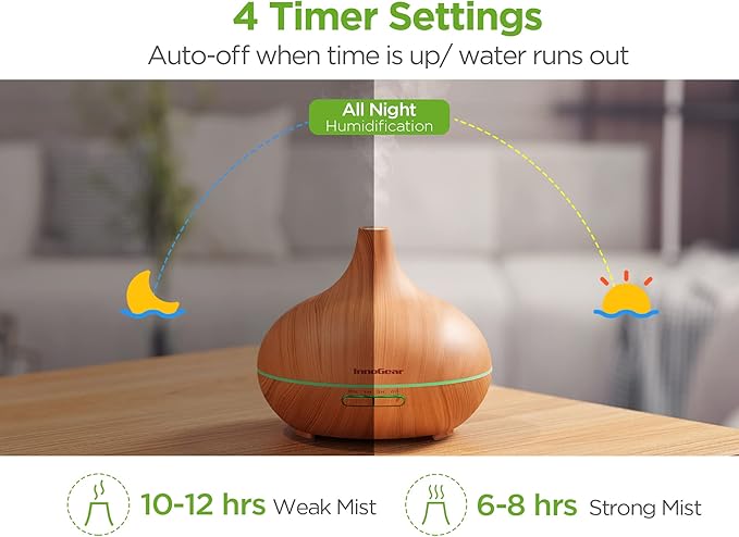 InnoGear Aromatherapy Diffuser & 10 Essential Oils Set, 400ml Diffuser Ultrasonic Diffusers for Home Cool Mist Humidifier with 4 Timers 7 Colors Light Waterless Auto Off, Yellow Wood Grain