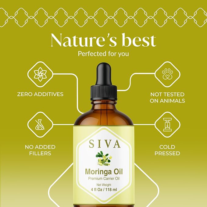 SIVA Moringa Carrier Oil 4oz (118 ml) Premium Cold-Pressed 100% Natural Carrier Oil With Dropper For Skin Care, Hair Care, Scalp Massage & Body Massage