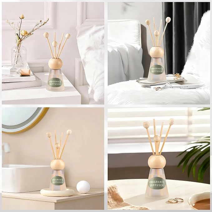Reed Diffuser Set, Freesia Scent with Reed Sticks, 1.7 fl oz / 50ml Cone-Shaped Bottle with Round Wooden Cap, Ideal for Bathroom, Bedroom, Office, Home Fragrance for Shelf Decor Air Freshener