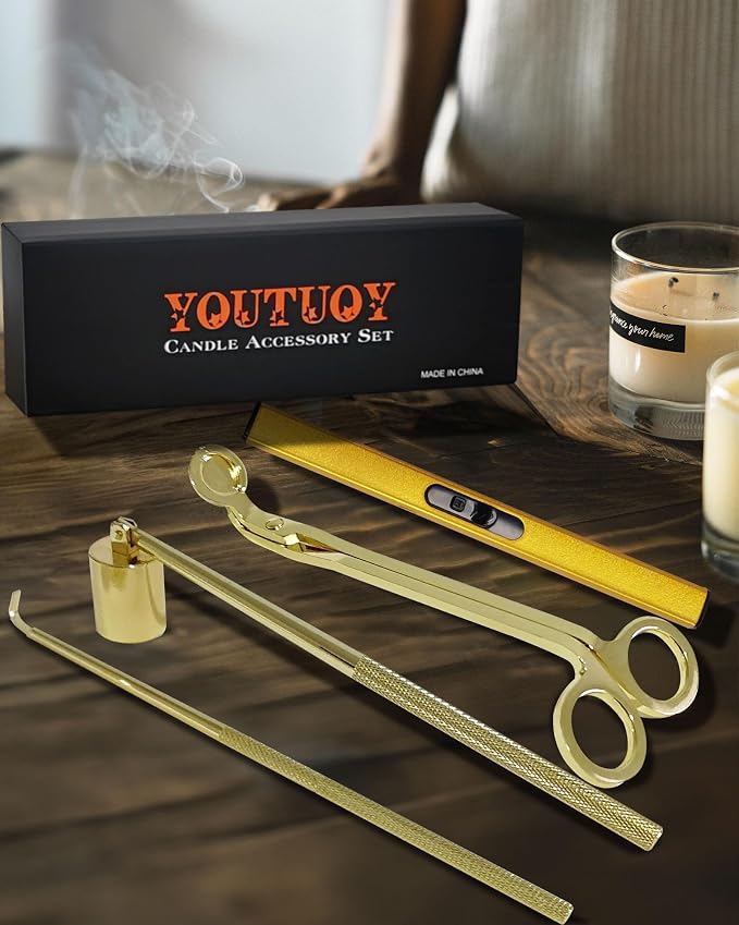 YOUTUOY 4 in1 Candle Accessory Set with Rechargeable Candle Lighter, Candle Wick Trimmer, Candle Wick Snuffer, Candle Wick Dipper, Candle Care Kit (Gold)