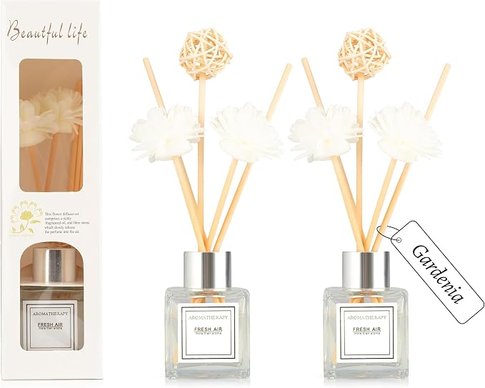 2PCS Reed Diffuser Set, 1.7 oz Scent Diffuser with Sticks, Gardenia Scent for Bathroom Accessories Shelf Decor, Air Fresheners for Home, Home Fragrance, House Office Room Decor Aesthetic & Gift