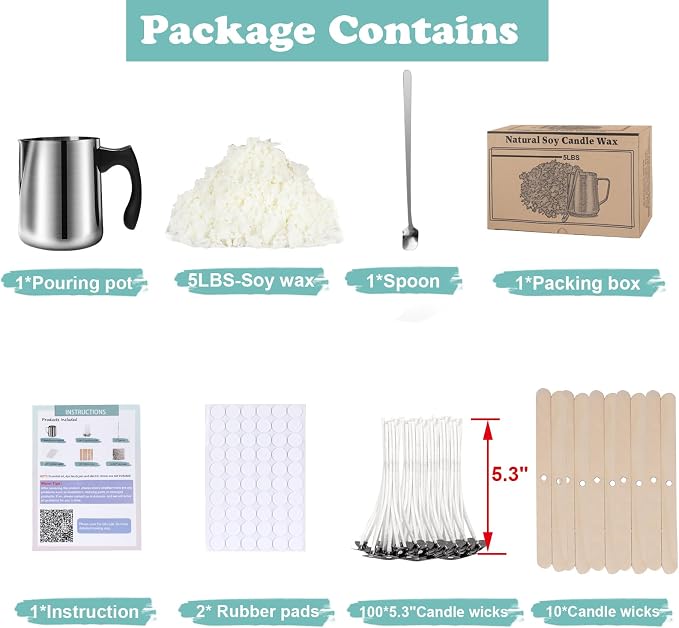 Soy Wax Candle Making Kit Supplies, Natural Candle Wax For Candle Making, DIY Art&Crafts Kit for Adults,Beginner, Including 5lbs Soy Wax Flakes, 100 Candle Wick, 10 Centering Devices, Melting Pot