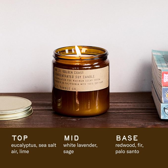 P.F. Candle Co. Golden Coast Classic Large Concentrated Scented Soy Wax Candle (12.5 oz) 60-70 Hour Burn Time, Amber Glass Jar, Made in the U.S.A.