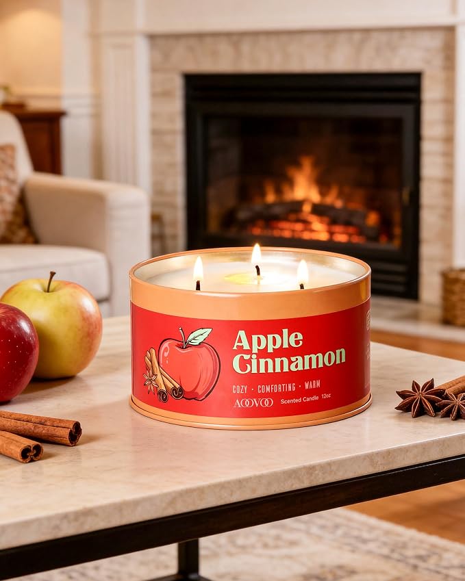 AOOVOO Apple Cinnamon Candle - 3 Wick 12oz Large Fall Candles, Soy Wax Strong Scented Candle Non Toxic, Long Lasting Aromatherapy Candle for Home, Holiday Gift for Women Men