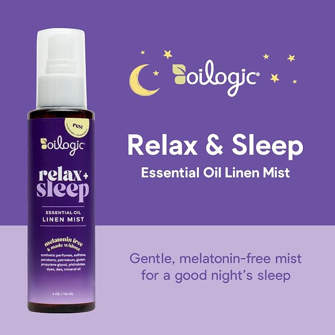 Oilogic Relax & Sleep Essential Oil Linen Spray - 100% Pure Essential Oils Promotes Restful Sleep, Comfort & Wellness - Aromatherapy Mist for Beddings, Pillows, Blankets, Pajamas & More, 4 Oz