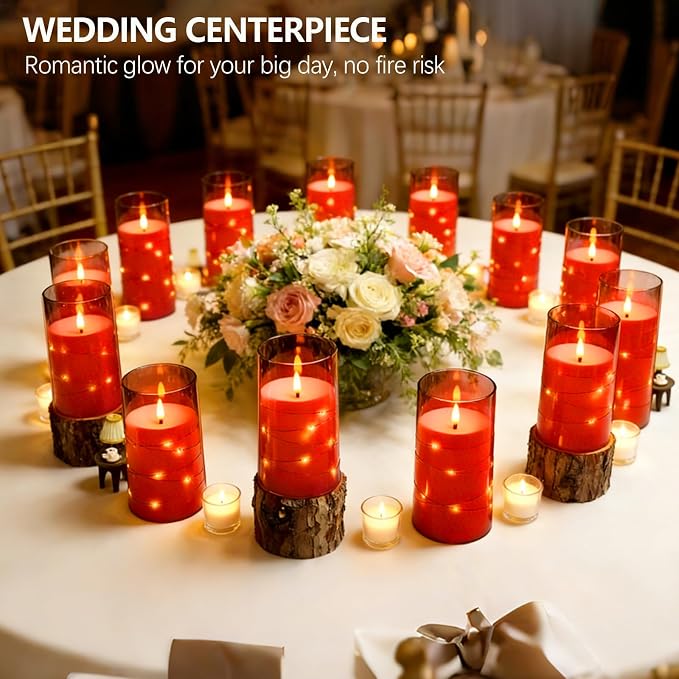 kakoya Flameless LED Candles with Timer 12 Pc Flickering Flameless Candles for Romantic Ambiance and Home Decoration Stable Acrylic Shell,with Embedded Star String，Battery Operated Candles(Red)