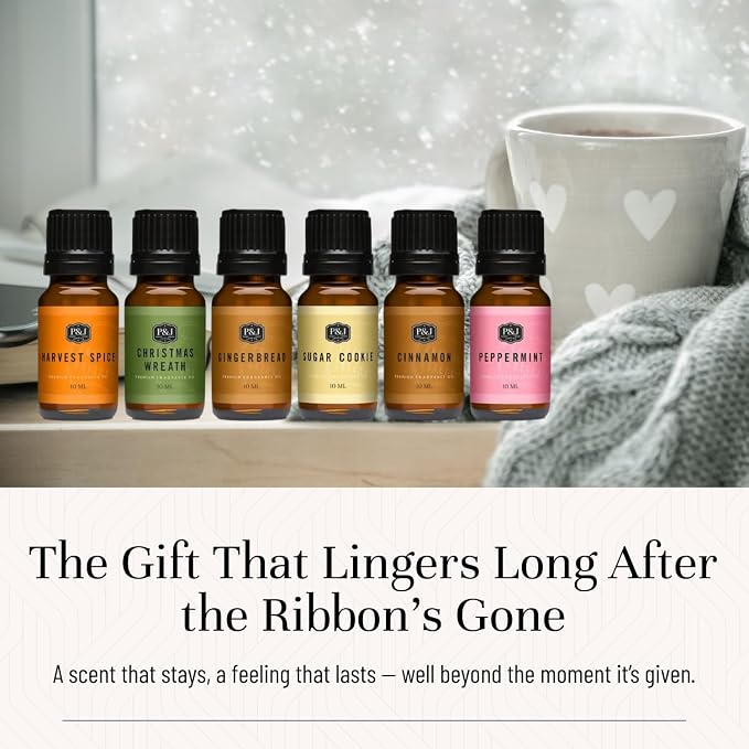 P&J Trading Fragrance Oil Winter Set | Cinnamon, Gingerbread, Sugar Cookies, Harvest Spice, Peppermint, and Christmas Wreath Candle Scents for Candle Making, Freshie Scents, Soap Making Supplies