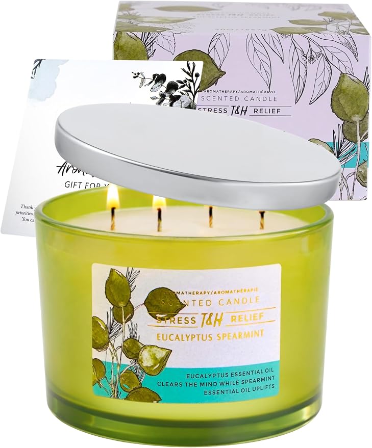 Eucalyptus Spearmint Candle | 4 Wick Extra Large Scented Soy Candle 20 oz | Highly Scented Aromatherapy Stress Relief Spa Candles | Fresh Eucalyptus Mint Home Scent | Long Lasting Clean Burn