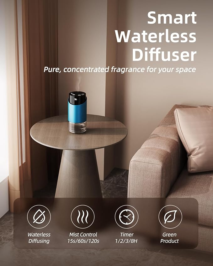 Waterless Essential Oil Diffuser for Home Rechargeable Aluminum Alloy Scent Diffusers with 4 Timer Settings, 3 Mist Levels with Vehicle Mode for Car Room Studio Office, Black Metal,100ml (Blue)
