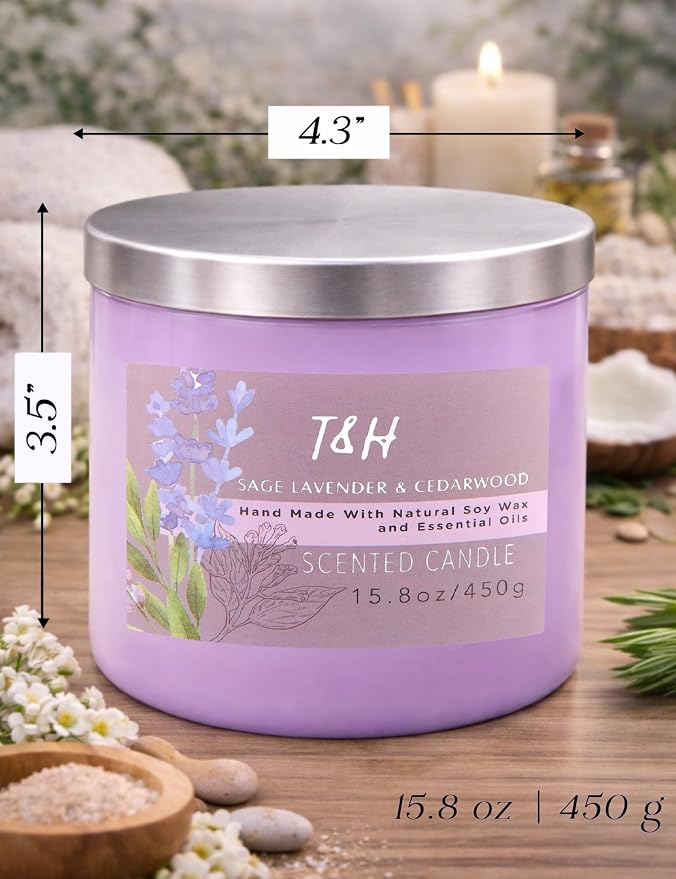 Sage Lavender Cedarwood 3-Wick Soy Candle, 15.8 oz Scented Candle for Home | Eucalyptus & Vanilla Notes, Aromatherapy Stress Relief, Highly Scented, Clean Burn, Bedroom & Bath, Gift for Women & Men