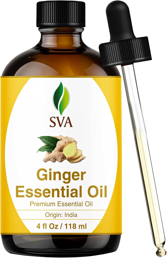 SVA Ginger Essential Oil – 4 Fl Oz – 100% Natural Ginger Oil - for Diffuser, Hair Care, Face, Skin Care, Aromatherapy, Scalp and Body Massage, Soap and Candle Making – with Dropper