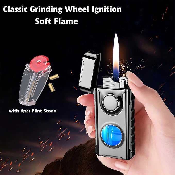 Torch Lighter, Creative Dual Flame Lighter with 6pcs Flint Stone, Windproof Lighter with Visible Fuel Tank, Adjustable Soft Flame and Jet Flame 2 in1,Refillable Butane Lighter for Gifts Men-Ice Black