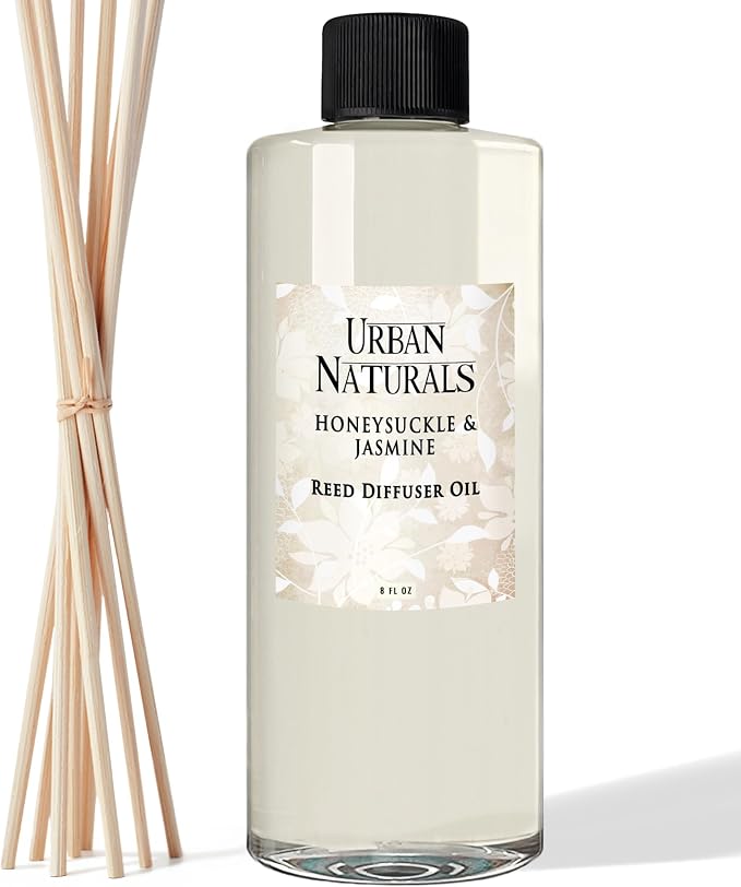 Urban Naturals Reed Diffuser Oil Refill Honeysuckle Jasmine with Hyacinth, Cassis, Neroli, Rose, Iris, Lily of the Valley 8 oz + Free Reed Sticks, Made in the USA