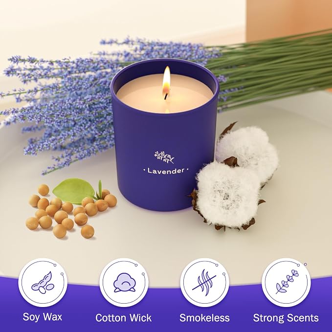 TranquilBliss Lavender Candles for Home Scented, 8 oz Scented Candles Present, Purple Jar Wax, Made with Soy for Women, 45 Hour Long-Lasting Burn for Girl Women Birthday Present Giving - 2 Pack