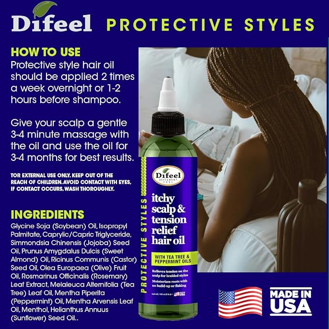 Difeel Itchy Scalp & Tension Relief Hair Oil with Tea Tree & Peppermint Oils for Braided Styles 8 oz.