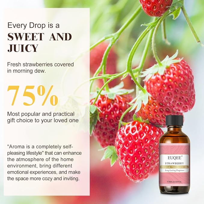 EUQEE 2.02 Fl oz Strawberry Fragrance Oil, Premium Strawberry Essential Oil with Glass Dropper for Diffuser, DIY Soap, Candle Making - 60ML