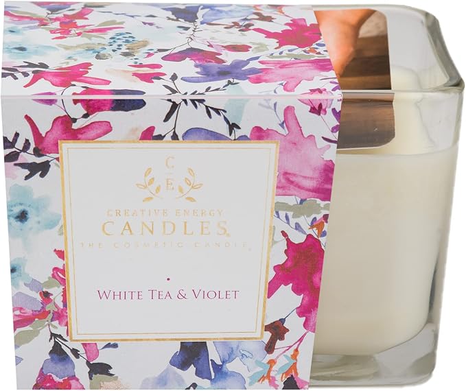 Lotion Candle - White Tea & Violet Scented Massage Candles for Self Care, 10 Oz. Soy Wax Candle with Essential Oil Blends, Coconut Oil, and Vitamin E, 55 Hour Burn Time