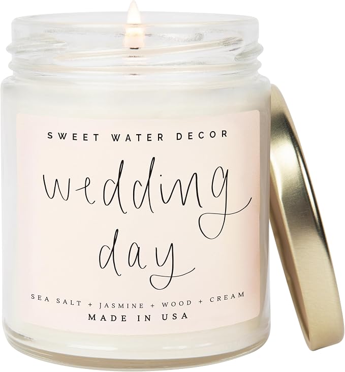 Sweet Water Decor Wedding Candle - Sea Salt, Jasmine, Cream, and Wood Scented Soy Wax Candle for Home - Engagement and Wedding Gifts for Women - 9oz Clear Jar, 40 Hour Burn Time, Made in the USA