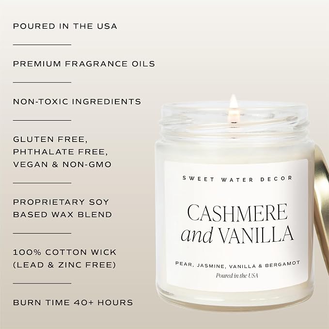 Sweet Water Decor Cashmere and Vanilla Soy Candle - Jasmine, Soft Cashmere, Sandalwood, Vanilla Scented Spring Candle for Home - 9oz Clear Jar with Lid, 40+ Hour Burn Time, Made in The USA