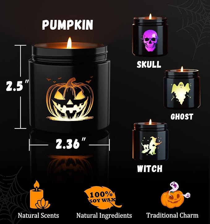 Halloween Decor Indoor-4 Pack Candles Set, LED Scented Candle,Halloween Gifts with Pumpkin|Skull|Ghost|Witch|, 80H Lasting Burn Candles for Home Decorations Indoor
