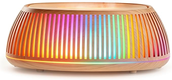 Flame Essential Oil Diffuser 150ml, Ultrasonic Aromatherapy Diffuser with 7 Color Lights, 1/2/4H Timer, Auto Shut-Off for Home Office Bedroom (Wood)