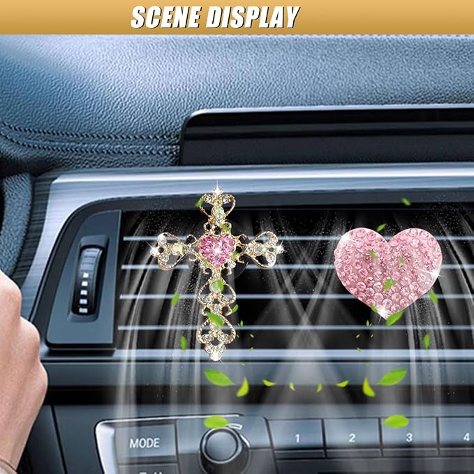 2PCS Bling Cross & Heart Car Dashboard Air Vent Trim Clip, Sparkly Rhinestone Car Air Vent Clips, Diamond Auto Diffuser Charm Clip, Auto Interior Decoration Accessory for Women Girls (Pink)