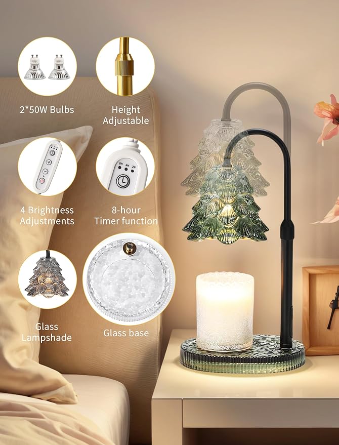 Candle Warmer Lamp with Timer & Dimmer, Crown Glass Lamp Candle Warmer for Jar Candles, 2 Bulbs, Height Adjustable Electric Wax Warmer for Elegant Home Decor (Evergreen Glow)