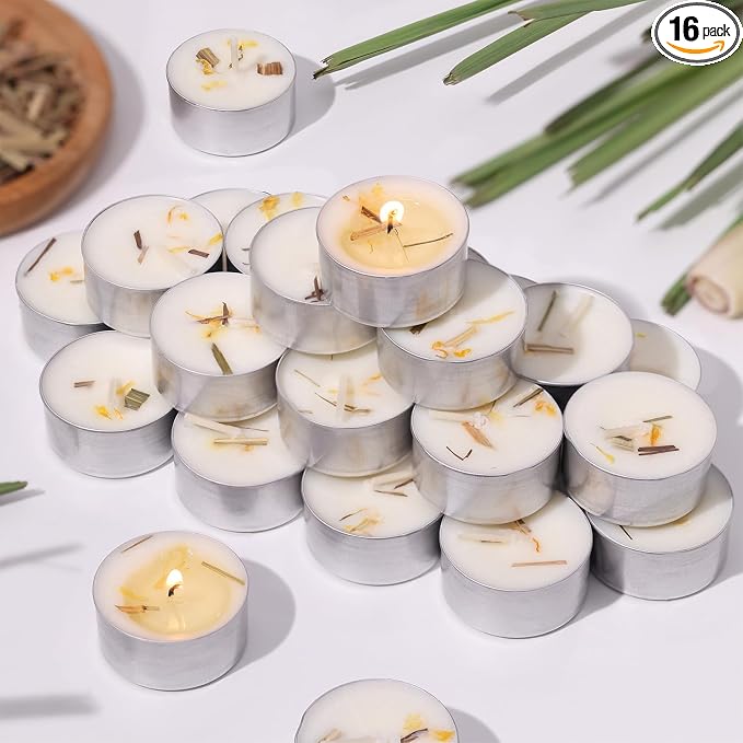 16 Pcs 6H Citronella Tealight Candles Indoor Outdoor, Decorative Scented Tealight Candles with 100% Palm Wax Base & Dried Lemongrass, Smokelss for Patio, Home, Outside Use