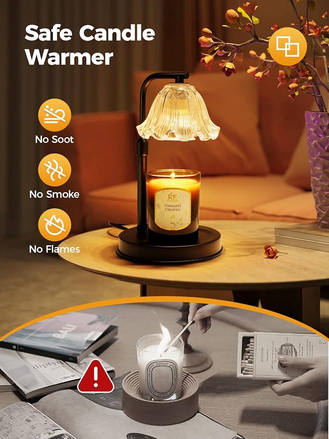 Flower Candle Warmer Lamp with Timer - Electric Modern Wax Melt Warmer Black Scented Jar Candles Light Room Decor for House Warming New Home Birthday Women Mom Gifts