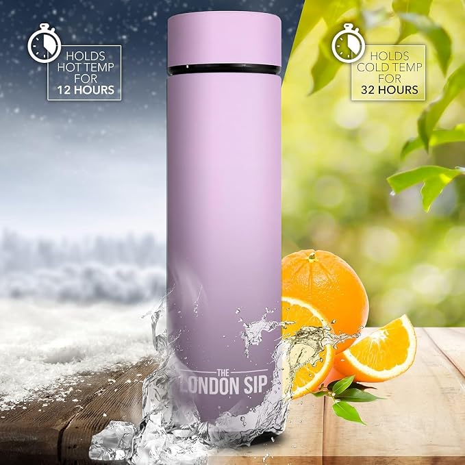 The London Sip Multi-Purpose Travel Mug and Tumbler Fruit Infused Flask Hot and Cold Double Wall Stainless Steel Thermos with Extra-Long Infuser, Gentle Lilac, Pack of 2