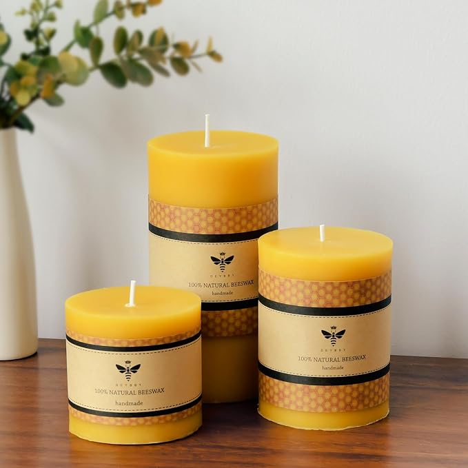DEYBBY 3x4 inch Natural Beeswax Pillar Candle Set of 4 for Women Gift, Smokeless Dripless Pure Organic Beeswax Candles with Natural Scent for Blackout Home Decoration Bath Relaxation（Yellow）