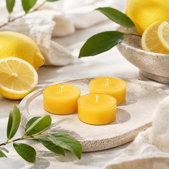 Lemon Scented Tealight Candles, Yellow Scent Tea Lights Candles Clear Cup, 24 Pack Colored Tealights Candle, 6 Hour Burn Time Tea Candles for Party, Decor, Spa, Shabbat