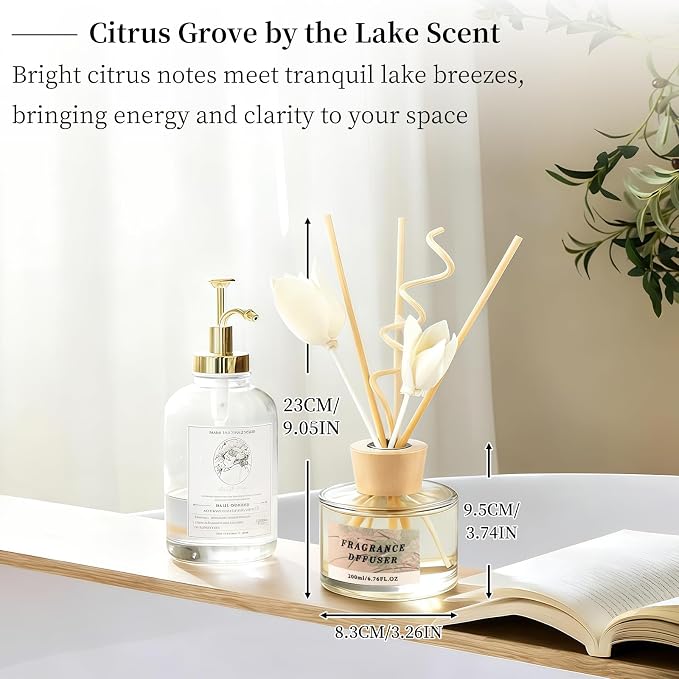 6.7 fl oz Reed Diffuser Set, Citrus Grove by the Lake Scent, Essential Oil Diffuser with Reed Sticks, Air Freshener for Home Fragrance, Bathroom Decor, Bedroom, Office Shelf Decor(200ml)