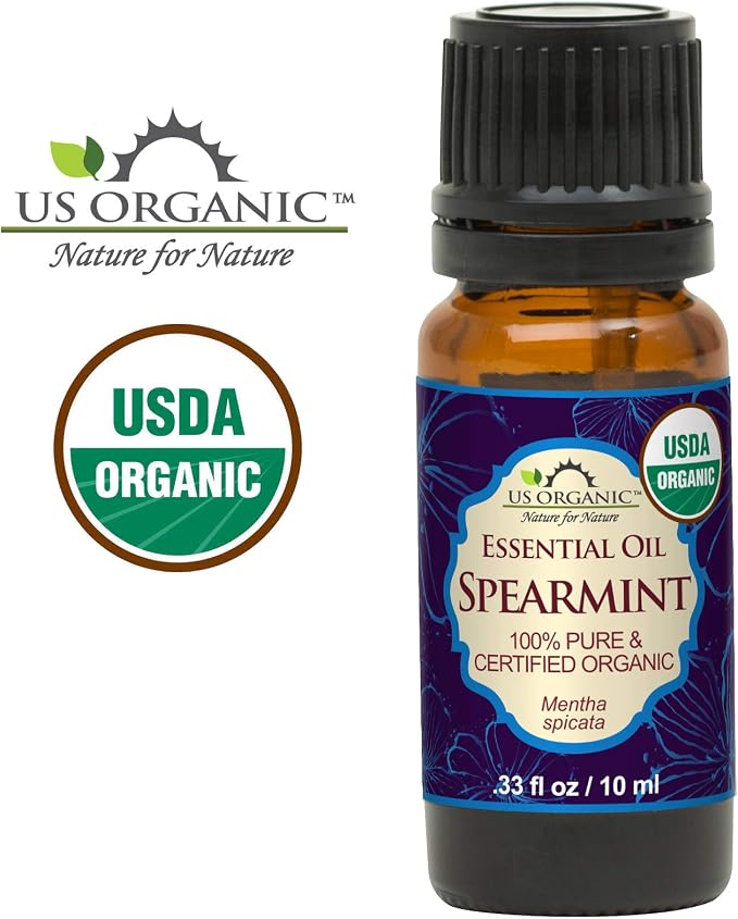 US Organic 100% Pure Spearmint Essential Oil - USDA Certified Organic, Steam Distilled - W/Euro droppers (More Size Variations Available) (10 ml / .33 fl oz)
