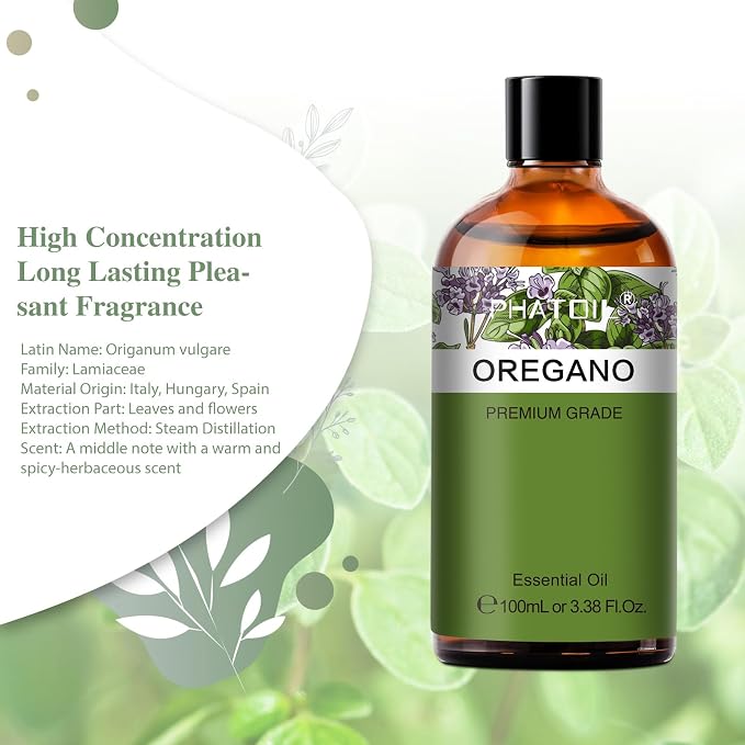 Oregano 3.38fl.oz Essential Oil, PHATOIL Pure Aromatherapy Oils for Diffuser, Humidifier, Perfect for DIY Soap, Candle, Bath Bombs Making(100ml)