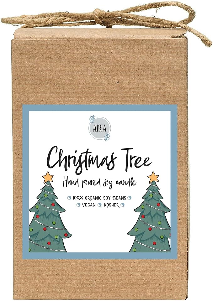 Aira Soy Candles - Organic, Kosher, Vegan, in Mason Jar w/Essential Oils - Hand-Poured 100% Soy Candle Wax - Paraffin Free, 110+ Hours - Pine Scent Holiday Candle - Christmas Tree Scent - 16 Ounces