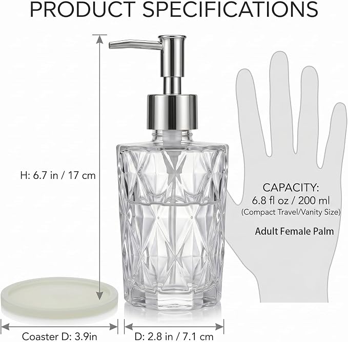 Diamond Design Glass Soap Dispenser with Stainless Steel Pump, Modern Kitchen Soap Dispenser with Luminous Coaster for Countertop Hand Soap, Bathroom Liquid Lotion & Dish Soap 6.8 Oz, Clear