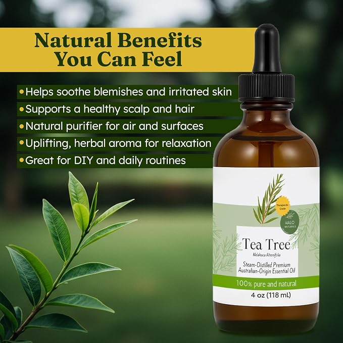 Steam Distilled Tea Tree Essential Oil - Premium Hair Growth Oil for Scalp Stimulation & Refreshing Aroma - Essential Oil Supports Healthy Hair, Skin & Mental Clarity - 4oz