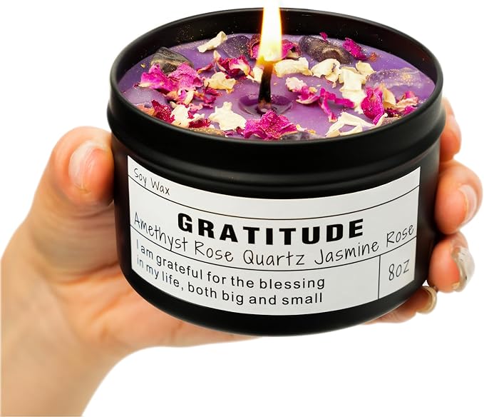 Gratitude Candle, Thank You Gift, Appreciation Gift for Her, Self Care, Meditation, Spiritual, Crystal Candle. (8oz)